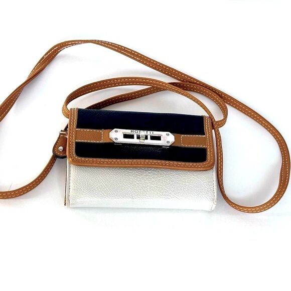 ROSETTI Black and Tan Crossbody Purse Removable Strap Clutch Gold Accents - Picture 1 of 13